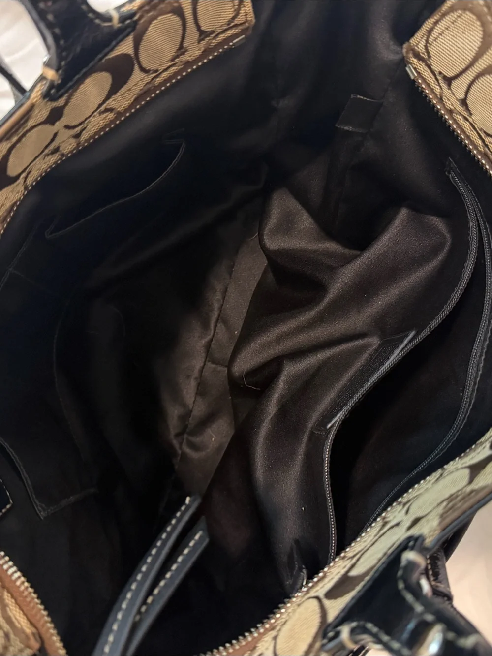 Coach F13566 Signature Jacquard Tote Bag Brown Black Leather Shoulder Purse
